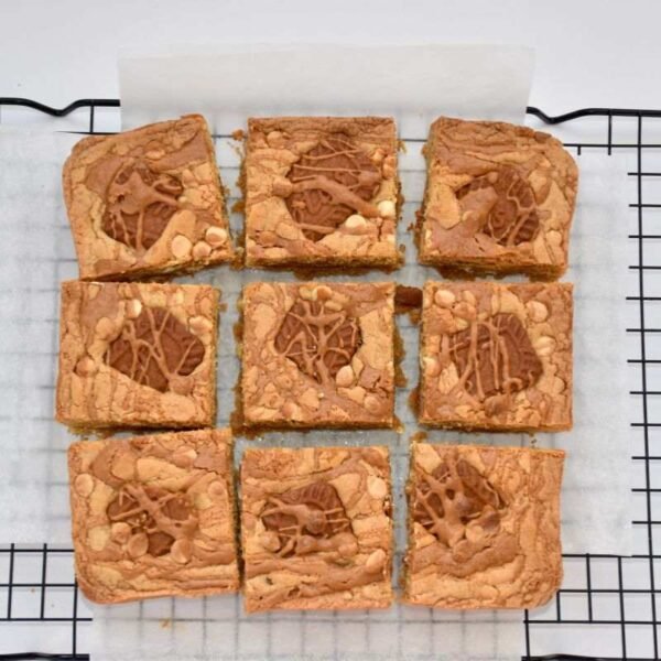 Biscoff blondie brownie slab cut into 9 pieces